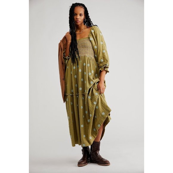 Free People Dahlia Embroidered Maxi Dress In Mosstone Combo Size XL - Picture 3 of 6